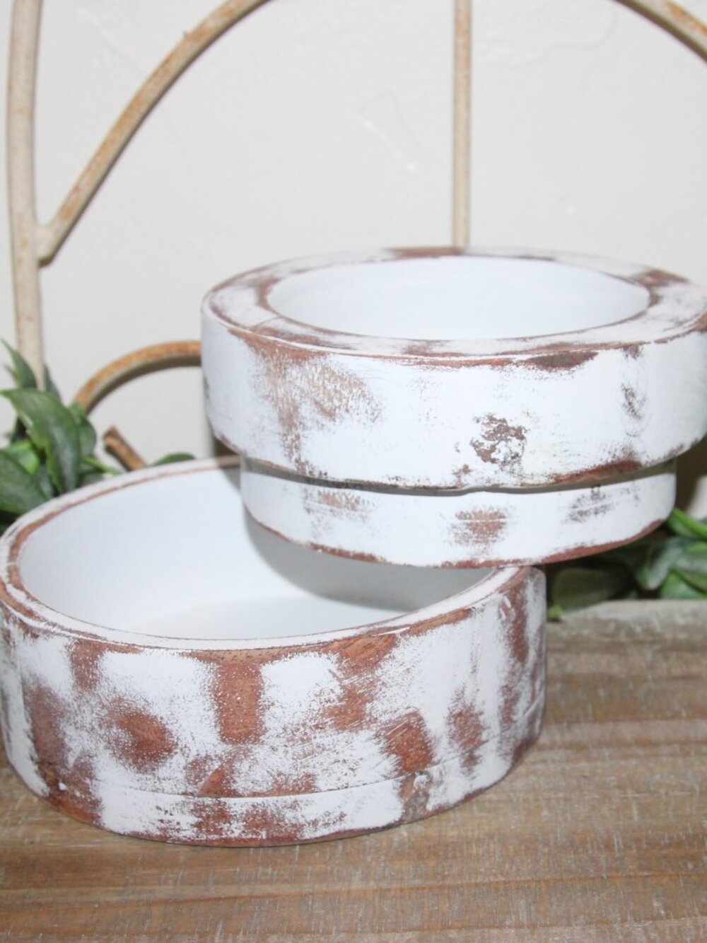 Pair of White Shabby Distressed Wood Farmhouse Candle Holder Trinket Dishes